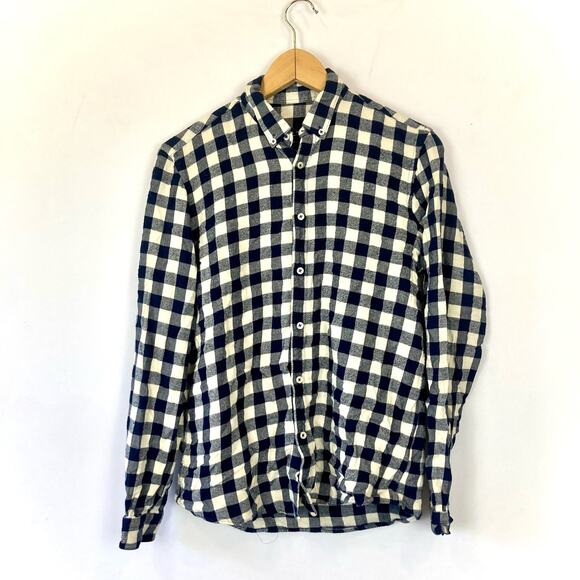 Zara Man Medium relaxed fit Navy blue and white plaid button down - Picture 1 of 7